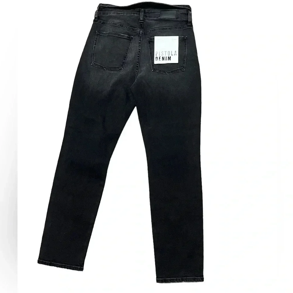 Pistola Nico High Rise Mom Jeans Black Shadow Wash Distressed Straight Leg 27x27